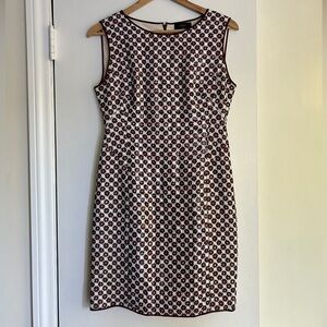 O'2nd Barneys NY Sleeveless Sheath Dress White Brown Trim Print Front Sequins, 8